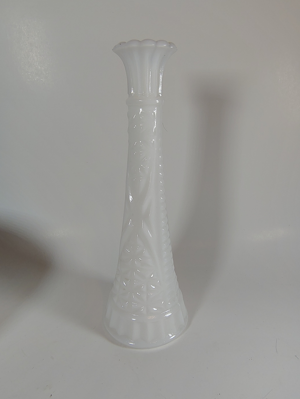 Vintage White Milk Glass Bud Vase 9" Tall Scalloped Rim Floral Paneled Base